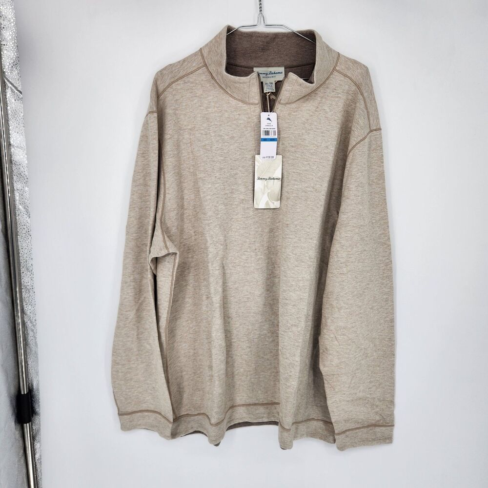 Tommy Bahama Men's Xl Beige Cobblestone Heather Flipview Half Zip Sweater NWT